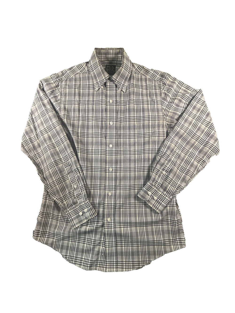 Jos A Bank Mens Dress Shirt Gray Black Plaid Button Down Long Sleeve Cotton L